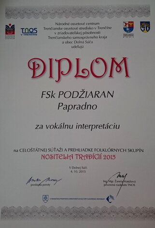 Nositelia tradícií - celoštátna súťaž - diplom Podziaran (2)